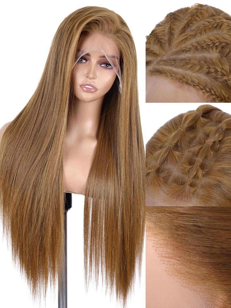 WIGNEE 13x6 Synthetic Lace Front Wig 28" Mixed Brown Wig Pre-Plucked Handmade Lace Front Wigs with Kanekalon Futura Hair Voluminous Long Straight Synthetic Wigs for Daily Party Use (Honey Blonde)