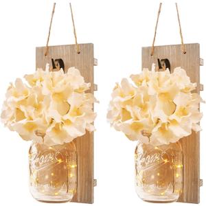 Wall Sconce Decor 2pcs, Mason Jar Wall Sconce Farmhouse Home Decor with 9.8FT LED Fairy Lights Flowers, Modern Art Living Room Bedroom Bathroom Decorative Hanging Yellow