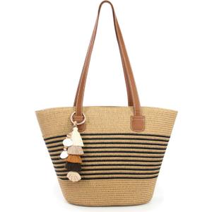 RUNROLE Straw Beach Tote Bag with Tassel Hat Clip for Travel, Handmade Lightweight Raffia Hobo Summer Shoulder Bag for Women (Pinstripe-black)