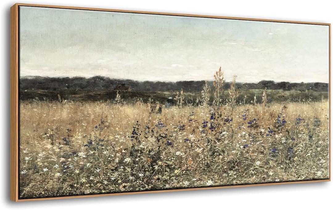 DJSYLIFE Framed Wall Art Decoration, Vintage Wildflower Field Canvas Wall Art, Classical Flowers Landscape Painting Prints, Farmhouse Cottagecore Living Room Decor, Modern Home Bedroom Decor 20"x40" (Champ fleuri)