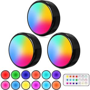 ILYXY LED Puck Lights with Remote, 3 Pack Under Cabinet Lighting, Battery Operated Push Light, Dimmable & Color Changing Tap Lights, Stick-On, Shiny Black