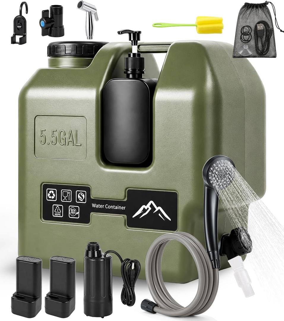 Portable Shower for Camping with 5.5-Gallon Water Jug, Powerful Camp Shower, 2 Batteries