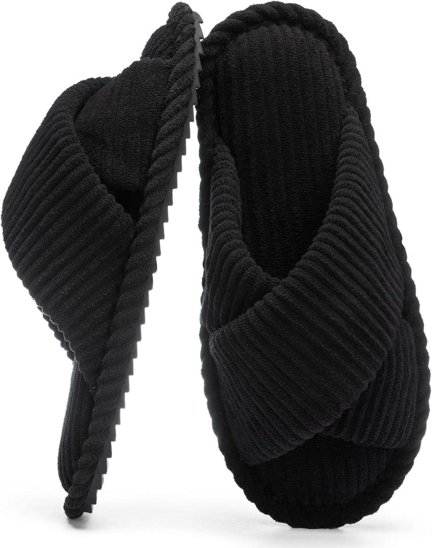 House Slippers for Women Open Toe Fuzzy Womens Slippers Indoor Outdoor Crossband with Corduroy Memory Foam Warm Gifts for Women Anti-Skid Size 11 12 Black