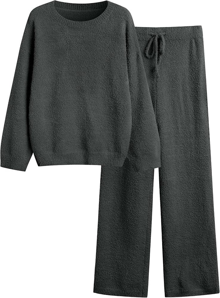 Lounge Sets for Women 2 Piece Fuzzy Fleece Pajamas Long Sleeve Oversized Lounge Set 2025 Fall Winter Trendy Size Large