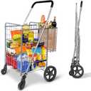 Whitmor Utility Folding Shopping Cart, 115L Heavy Duty Grocery Cart with Double Basket, 360 Swivel Wheels, Foldable Rolling Utility Trolley, 110 Lbs Capacity for Grocery, Laundry, Travel, Sliver