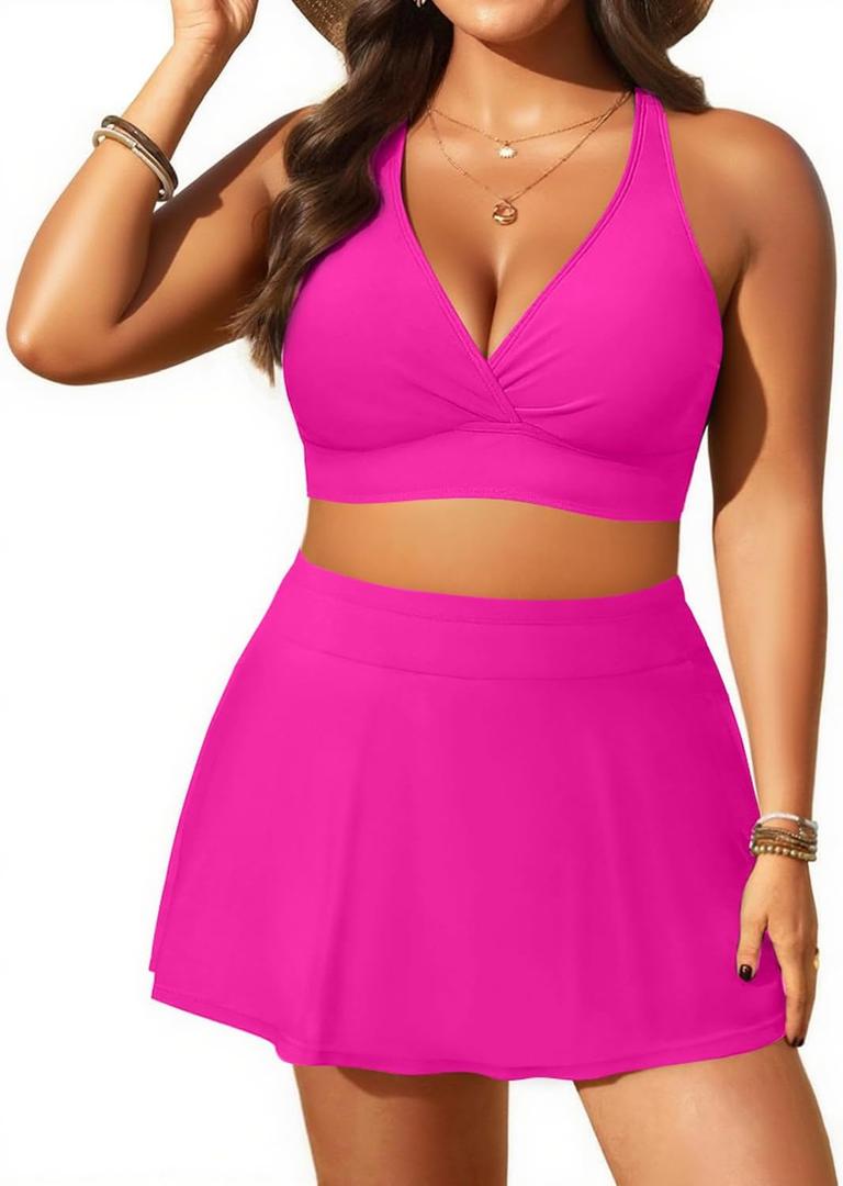 Women's Plus Size High Waisted Bikini - Two Piece Swimsuit with Skirt 2025 Tummy Control Bathing Suit with Pocket (Hot Pink), 18 Plus