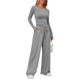 LILLUSORY Womens Boat Neck Long Sleeve Side Ruching Asymmetric Hem Top Wide Leg Pants 2 Piece Casual Lounge Set with Pockets (Medium, Grey)