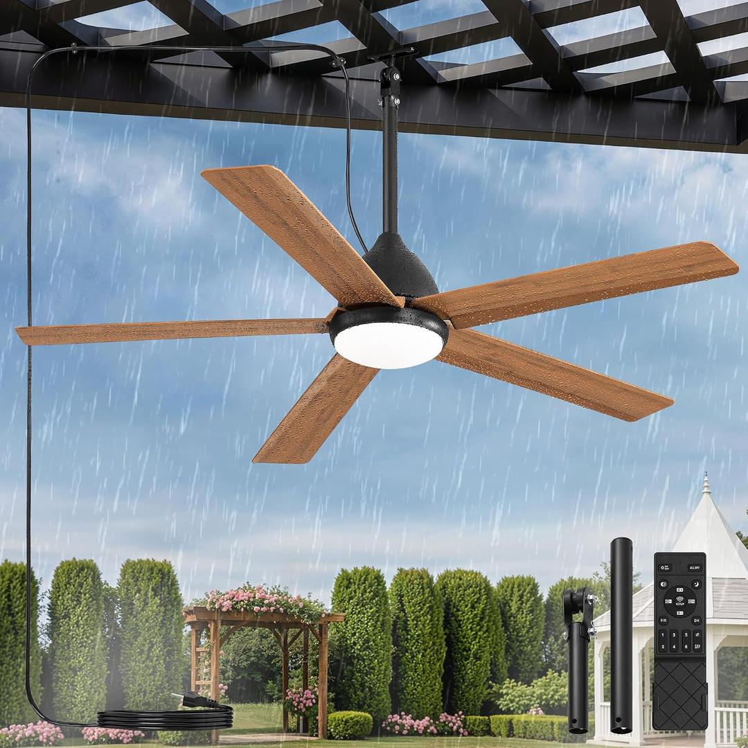 52'' Outdoor Ceiling Fan with Light, Brown Gazebo Hanging Fans, Plug-in Ceiling Fans, IP65 Waterproof, 6-Speed DC Motor, Remote/APP Control, Dimmable 3CCT, Smart Ceiling Fans for Patio Porch Pavilion