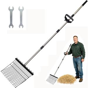 Metal Manure Fork with Adjustable Long Steel Handle Rake Rustproof Hay Fork