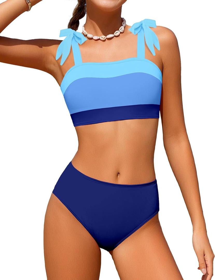 KANGKANG Girls Swimsuit Solid Color Block Adjustable Straps Teen Girl Bikini Set Kids Bathing Suits for Girls Size 15-16 Years, Blue 4