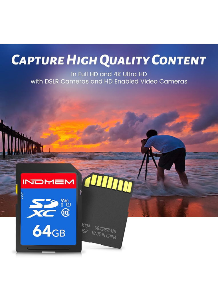 INDMEM SD Card 64GB 1Pack, Class 10 64GB High Speed up to 90M/S Full HD Video Flash Memory Card MLC Standard Secure Digital Cards Camera Cards