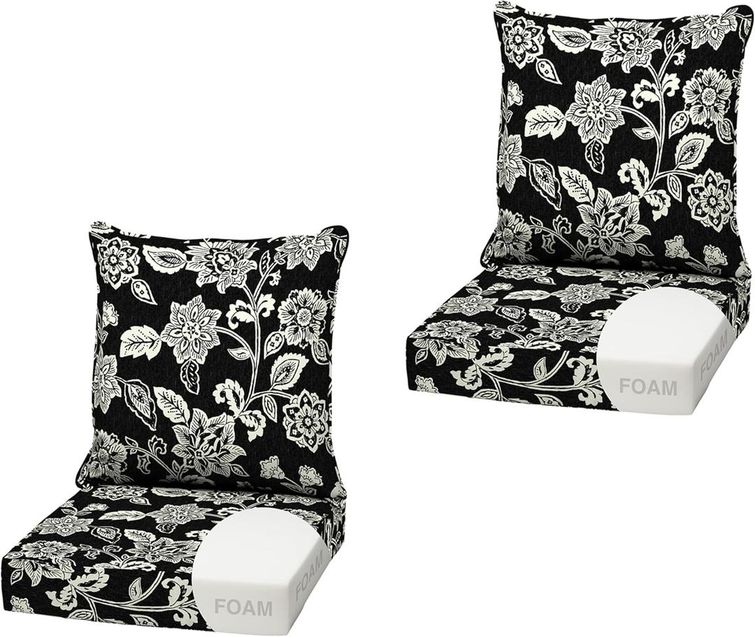 Arden Outdoor Foam Deep Seat Cushion (2-Pack), 22x24, Premium High-Density Foam, Never Flattens, Weather-Proof for Patio Chair Sofa Couch, Ashland Black Jacobean