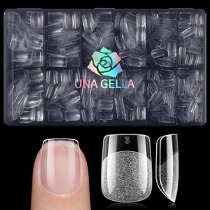 UNA GELLA Extra Short Square Nail Tips, 600pcs Pre Etched XS Short Square Gel Nail Tips, Soft Gel Clear Fake Nails Full Cover for DIY Nails Salon At Home 12 Sizes
