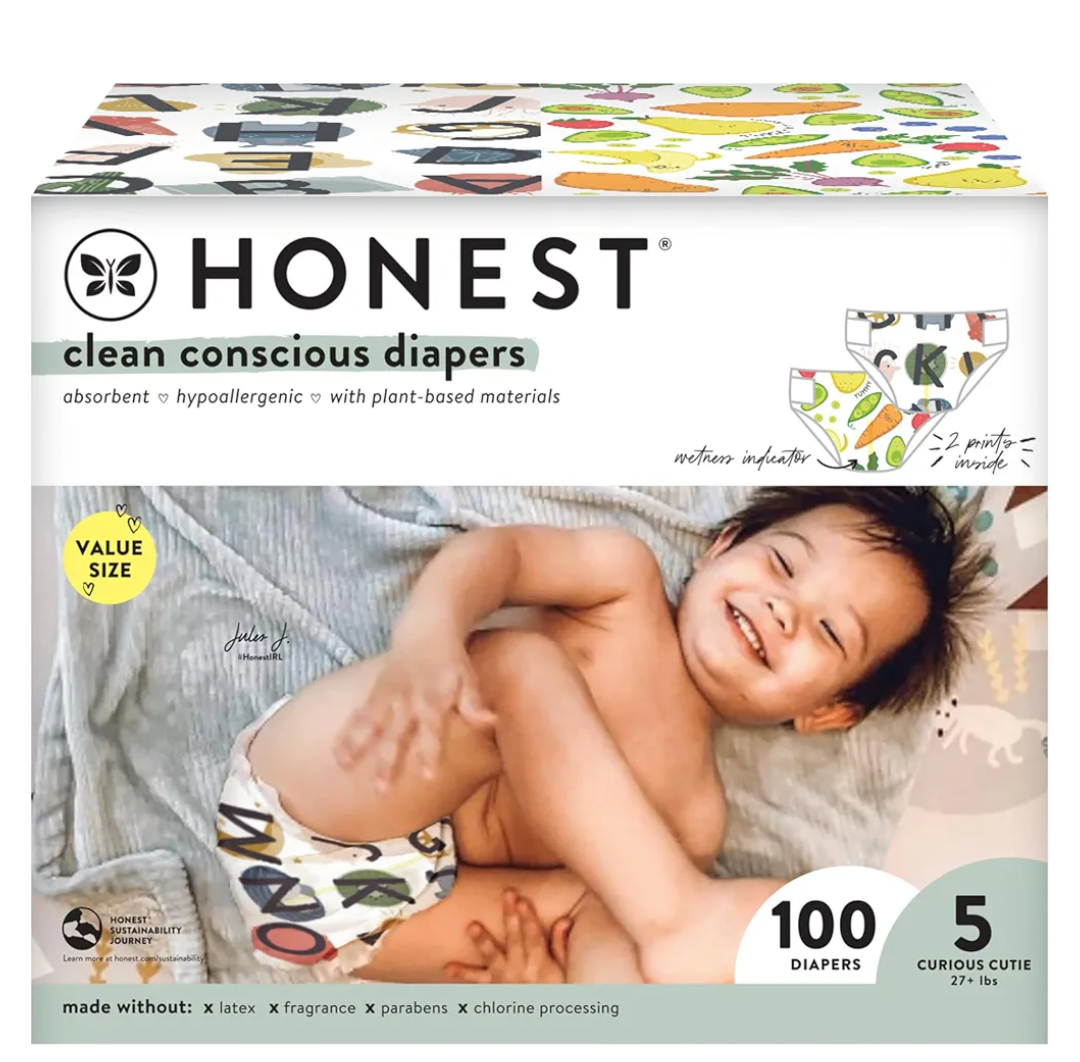 The Honest Company Comfort Dry Disposable Diapers Plant-Based Sustainable So Delish and All Letters Super Club Box Size 5 27and lbs 100 Count