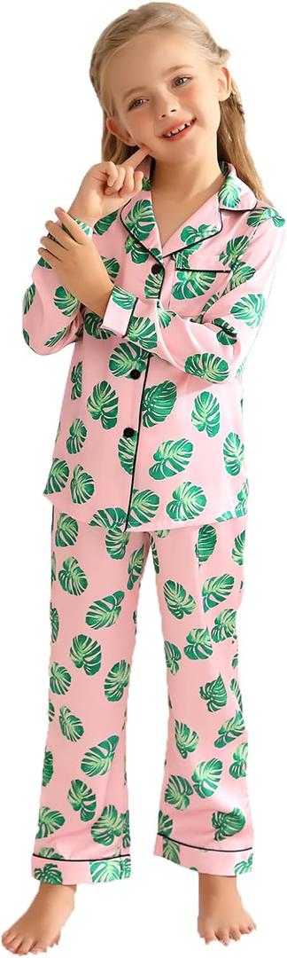 Veseacky Girls' Pattern Satin xms Pajamas Set Two Piece Silk Nightwear Button-Down Sleepwear for Girls (Green leaf,size 8) 140