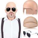 Mepase Bald Caps with Glasses Nylon Makeup Latex Bald Head Wig Cap for Men Women Adults Cosplay Party Costume Accessories (12.9 x 7.48 Inch)