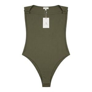 ANRABESS Women Bodysuits Square Neck Spaghetti Straps Sleeveless Cami Top Summer Backless Ribbed Knit Basic Body Suits Army Green Medium