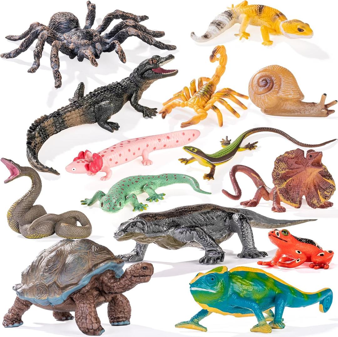 14PCS Reptile Animal Figurines Toys,Desert Amphibians Sand Toys with Axolotl,Lizard,Snake,Spider,Komodo Dragon,Alligator,Rainforest Cold Blooded Plastic Animals Figures Party Favors for Kids