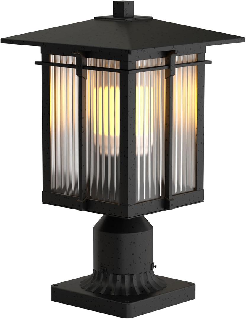 Modern Outdoor Post Light, Aluminum Lamp Post Light Fixture with Ribbed Glass, Soptted Black Outside Pole Lighting with 3-Inch Pier Mount Base for Yard Porch Pathway (14.2''H, 1 pc)