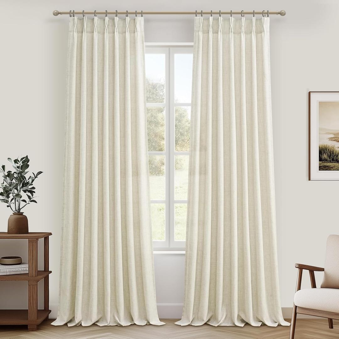 Cream Beige Memory Trained Pinch Pleated Curtains 96 Inches Long for Bedroom, Light Filtering Linen Blend Sheer Dining Room Boho Curtains 2 Panels Set with Hooks Rings Privacy Window Drapes 40x96 Inch
