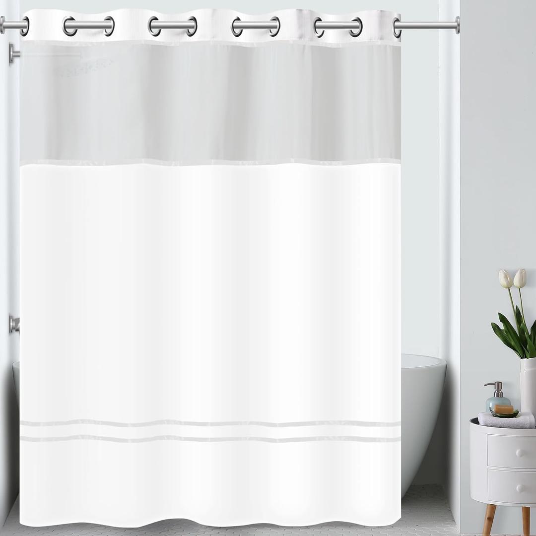 Hookless It's A Snap! Escape 3-in-1 Shower Curtain With Sheer Top Window, Flex-On Rings & Fabric Liner, 71" x 74", White