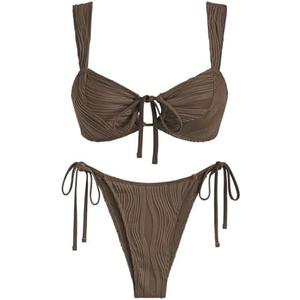 ZAFUL Women's Cinched Bikini Solid Color Wave Textured Knotted Tied Side Two Piece Swimsuit Bathing Suits Small