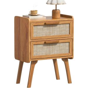 Lerliuo Rattan Nightstand, Boho Night Stand with 2 Drawers, Cane Accent Side End Table, Bedside Table with Solid Wood Legs for Bedroom, Dorm and Small Spaces (Tea Brown)