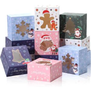 30Pcs Christmas Cookie Boxes for Gift Giving, 4x4x2.5 inch Bakery Box with Window, Xmas Treat Boxes for Holiday Party Favor Pastries, Cupcakes, Cookies, Muffins, Donuts, Gift Wrapping