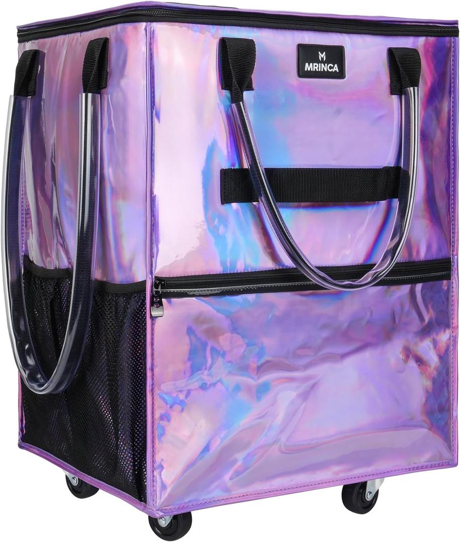 Large Reusable Grocery Bag On Wheels, 130L Large-Capacity Foldable Shopping Trolley, Lightweight with 5 Swivel Wheels, Multiple Pockets, Zippered Top & Heavy Duty Handles, for Shopping, Moving, Purple