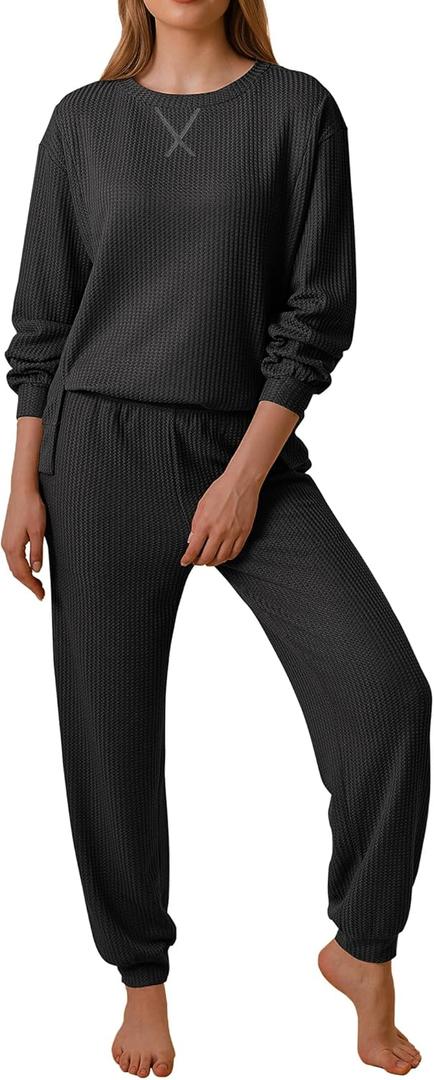 Ekouaer Waffle Knit Lounge Sets for Women Long Sleeve Pajamas Set with Pockets 2 Pieces Outfits Top and Pants (Large, Black)