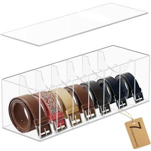 CLBDRESS Belt Organizer, Acrylic Belt Storage Organizer for Closet with Dust Cover, 7 Compartments Belt Box for Drawer, Clear Belt Holder, Display Case for Tie and Bow Tie for Men, Women