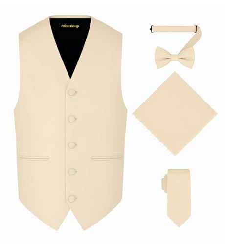 Oliver George 4pc Men's Solid Formal Suit Waistcoat Tuxedo Dress Vest Necktie Bowtie Handkerchief Set for Suit or Tuxedo Beige Medium