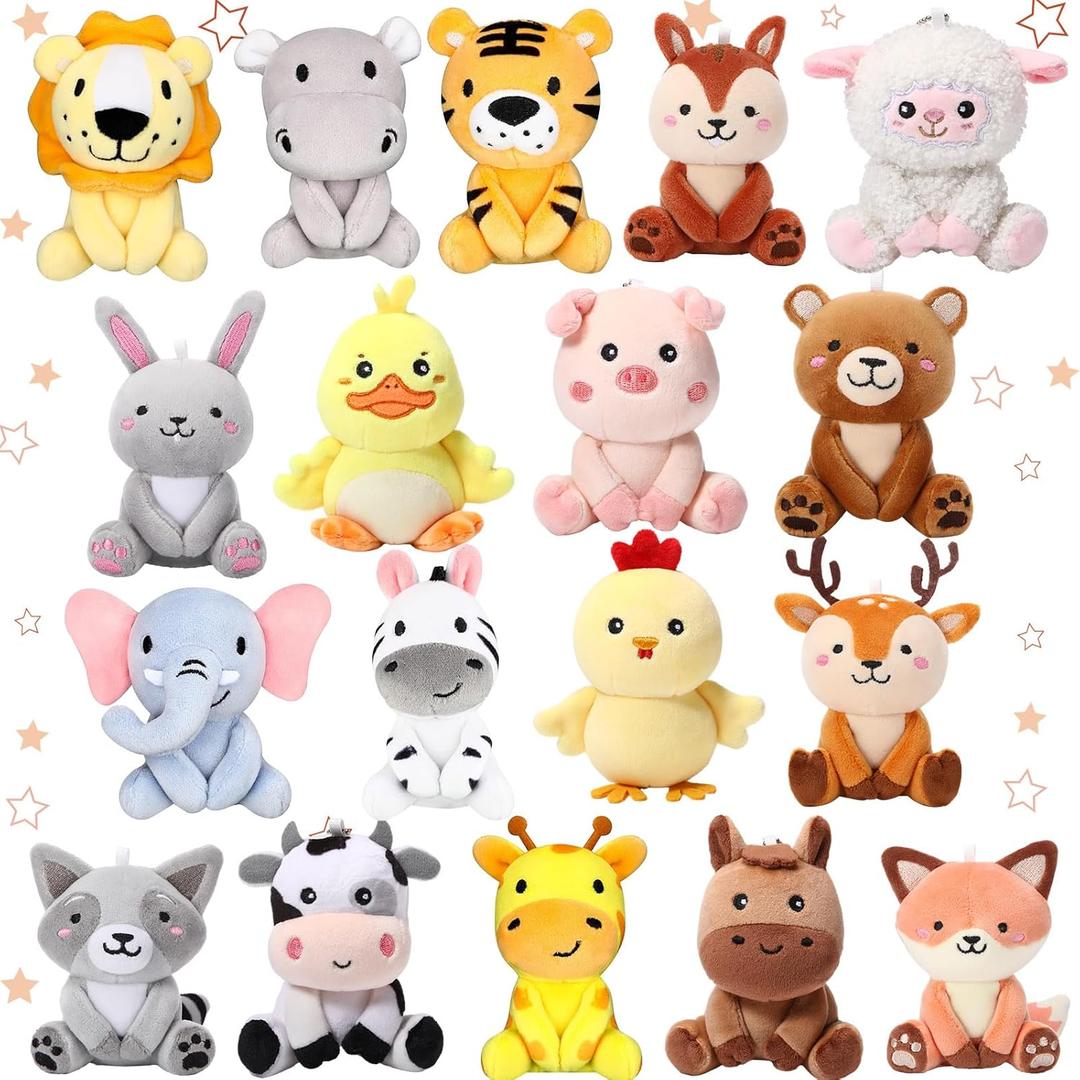 18 Pcs Mini Stuffed Animals Bulk 4 Inch Plush Farm Forest Woodland Animals Cute Plush Animals Ornaments for Birthday Gifts Baby Shower Decors Easter Basket Stuffers Carnival Student Awards