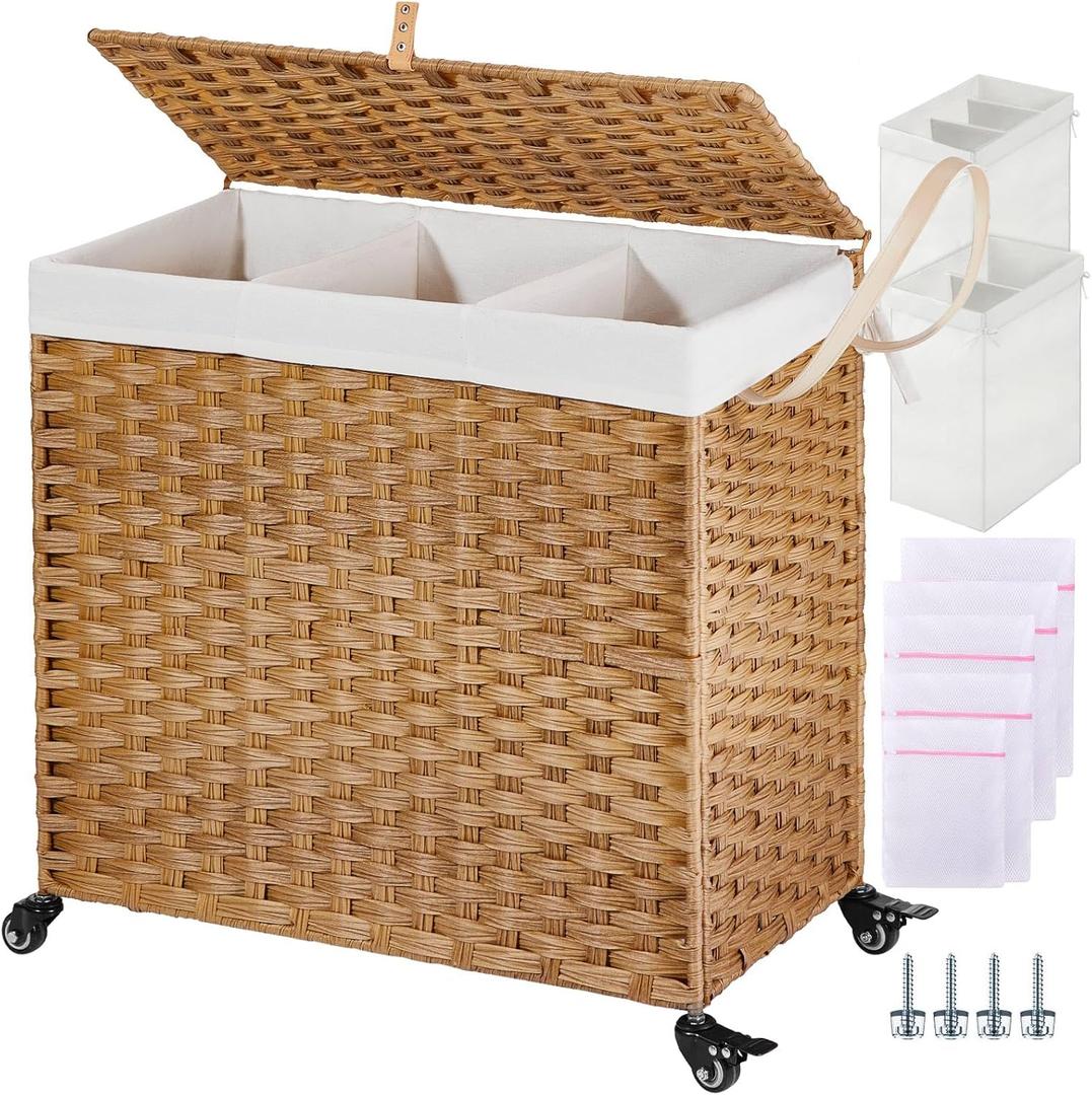 Greenstell Laundry Hamper with Wheels&Lid, 130L Large 3 Sections Clothes Hamper with 2 Types Removable Liner Bags, 5 Mesh Laundry Bags, Handwoven Divided Laundry Basket for Clothes, Natural
