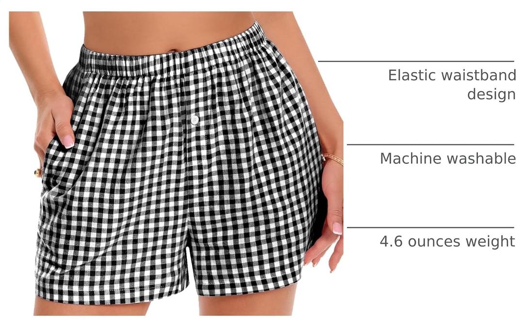 Boxer Shorts for Women Summer Gingham Pajama Casual Plaid Shorts Y2K Beach Bottoms with Pocket(Black, S) (S)
