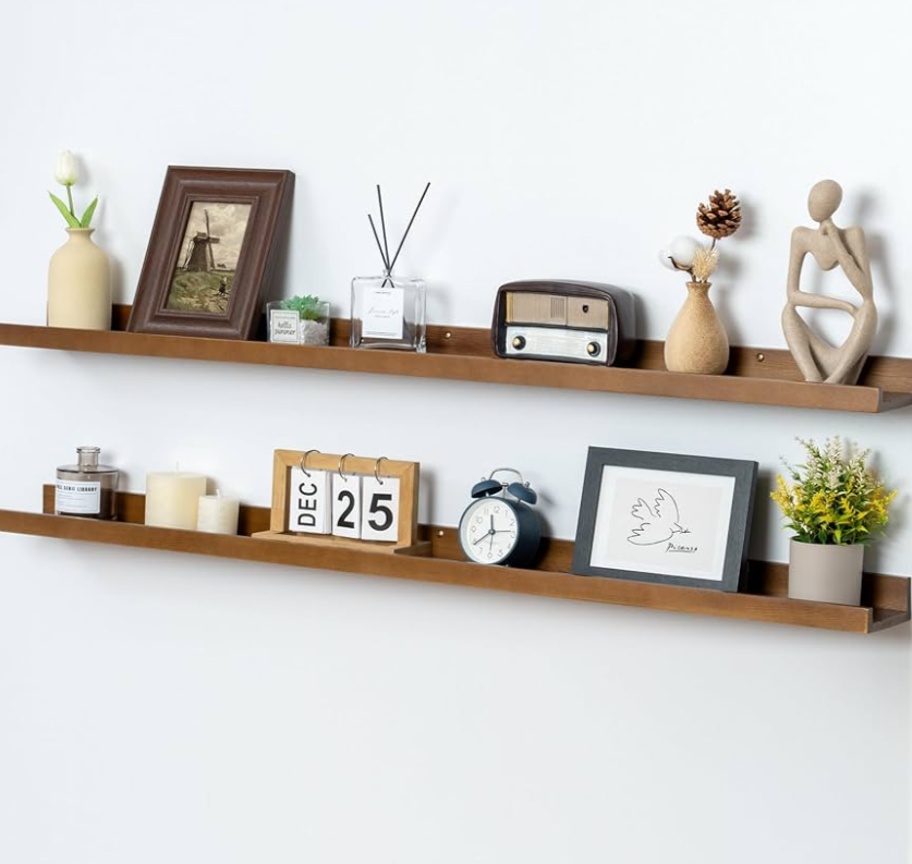 Picture Ledge Wall Shelves 48 inch Width Set of 2, Solid Pine Wood Rustic Floating Ledge Shelves for Wall for Kids' Room Bedroom Kitchen Bathroom Living Room Nursery Display Wall Decor, Walnut