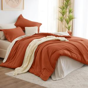 CozyLux Full Size Comforter Sets Burnt Orange, 7 Pieces Full Bedding Set with Comforter, Flat Sheets, Fitted Sheet, Pillowcases & Shams, Contrasting Design Boho Bed in a Bag Full for All Season