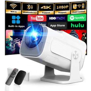 [Smart Projector & Built-in Apps] Mini Projector Support 4K 1080P FHD Portable Projector with WiFi and Bluetooth 180 Rotatable Auto Keystone, Compatibile with HDMI/TV Stick/Memory Stick/Laptop, White