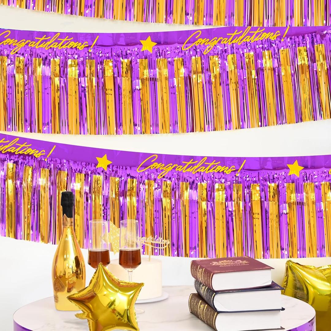 Mega-L Congratulation Banners Party Decorations, Purple Gold Foil Fringe Garland, 4Pack 78Ft Tinsel Streamers Photo Booth Props Flag for Parade Float Car Birthday Party Decor Class of 2026 Graduation