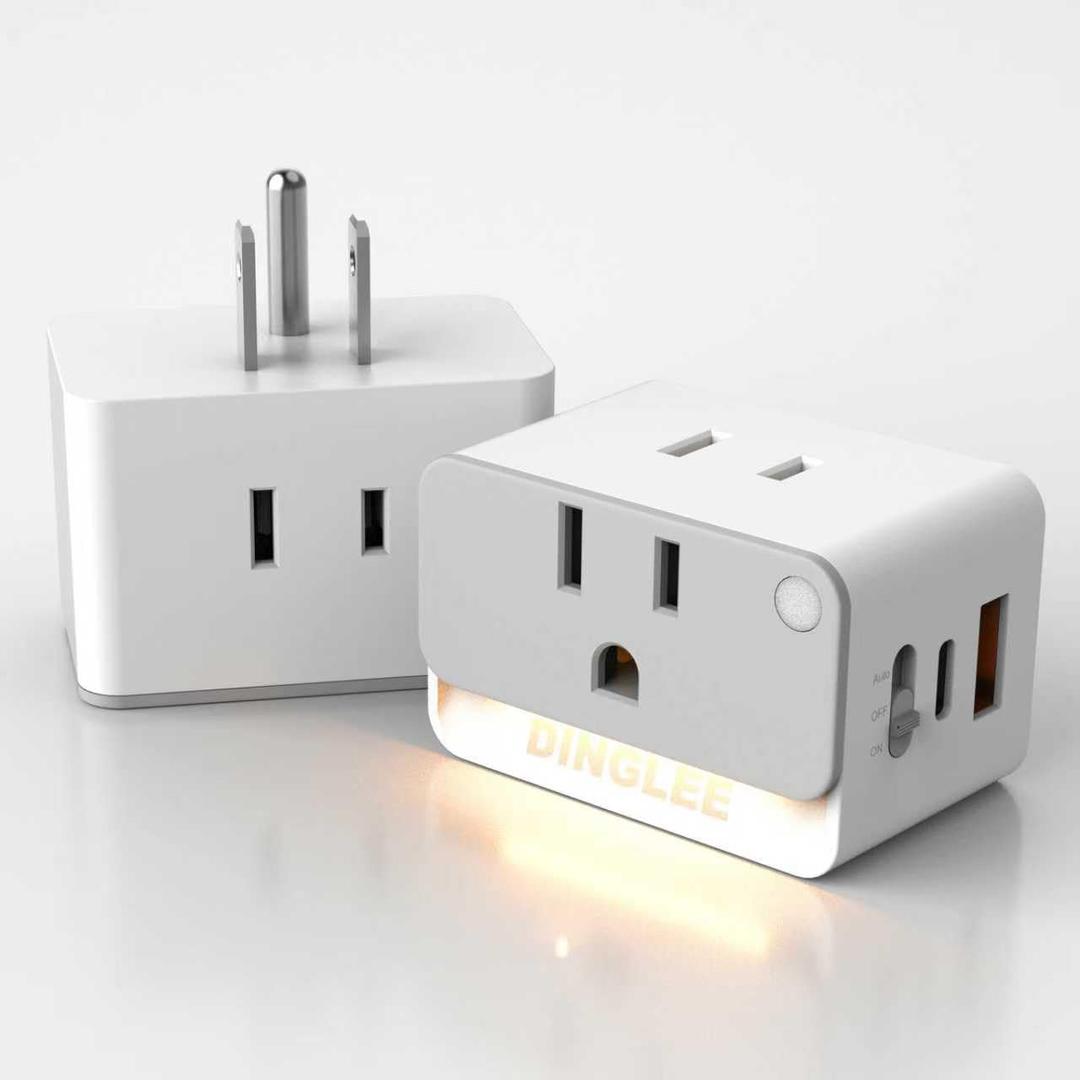 Mulit Plug Wall Outlet with USB C, 2 Pack Outlet Extender 2AC 1USBA 1USBC, 3 Way Plug Wall Splitter with Night Light, Multiple Plug Adapter for Travel Home Office PD 20W (White)