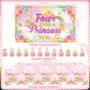 Four Ever a Princess Birthday Decorations , Includes Backdrop, Plates,Napkins, Cake Toppers, Balloons, Tablecloths, for 4th Girl Birthday Party Supplies , Serve 20