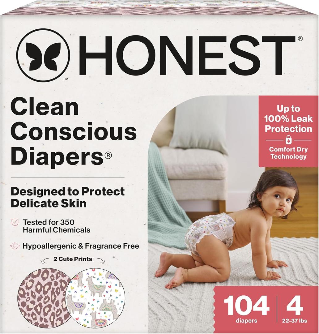 The Honest Company Clean Conscious Diapers for Sensitive Skin Up to 100% Leakproof Hypoallergenic, Fragrance Free Girl Prints Super Club Box, Size 4 (22-37 lbs), 104 Count (Prints May Vary) (Wild Thang + All the Alpacas)