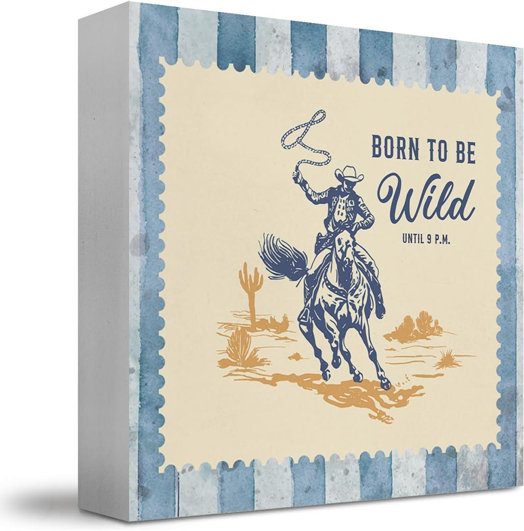Western Office Decor, Born to Be Wild Until 9PM Cowboy Rodeo Wooden Box Sign, Vintage Rustic Western Decor for Home, Bedroom Office Desk Shelf Tabletop Decor, 5x5 Inch