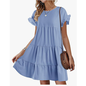 Chuanqi Womens Ruffles Boho Floral Printed Babydoll Loose Swing Casual Short Mini T-Shirt Dress Size 160