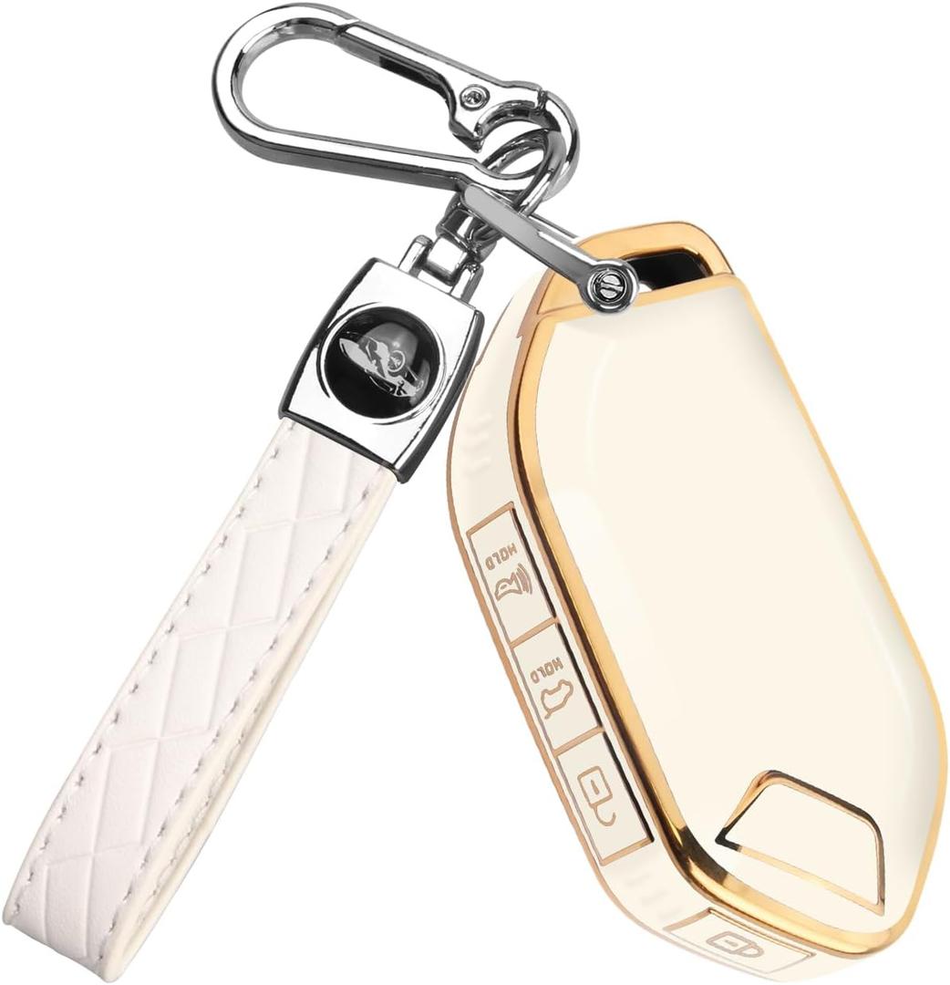 QBUC for Kia Key fob Cover,Soft TPU 360Car Key Case Protector with Leather Keychain Compatible with Kia Telluride 2023/2024 5 Buttons Smart Key (White) (Gold Edge - White)