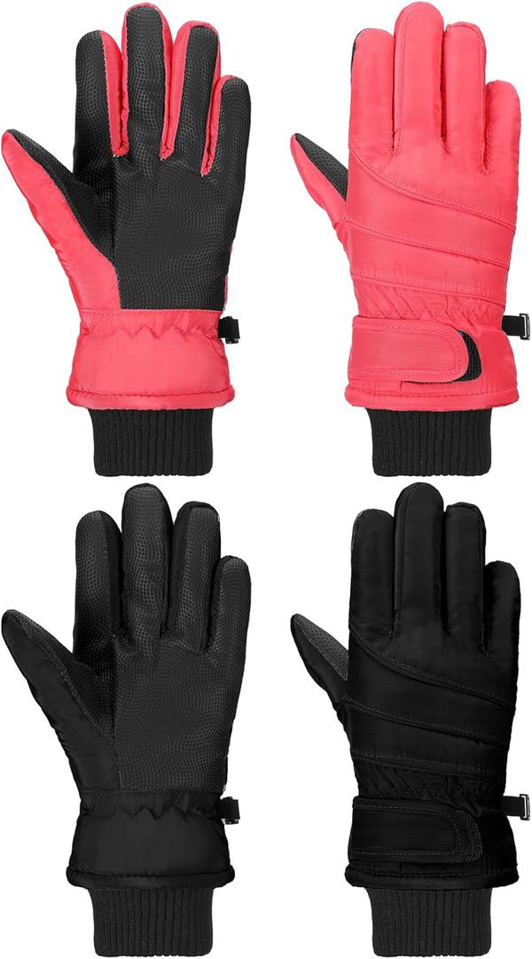 SATINIOR 2 Pairs Kids Waterproof Winter Snow Gloves Ski Gloves for Boy Girl Outdoor Warm Thickening Snowboar (6-10 Years, Peach Pink, Bright Black)