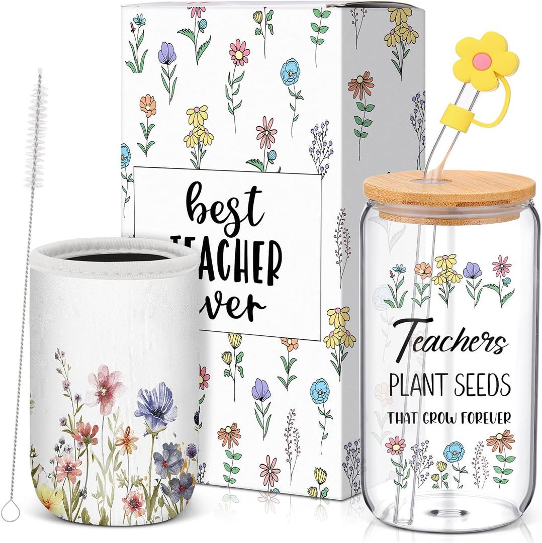 Nuogo Teacher Appreciation Gifts, 16oz Glass Coffee Cup with Straw Stopper and Cup Sleeve, Teacher End of Year Thank You Gifts Box for Appreciation Week Graduation(Flower)