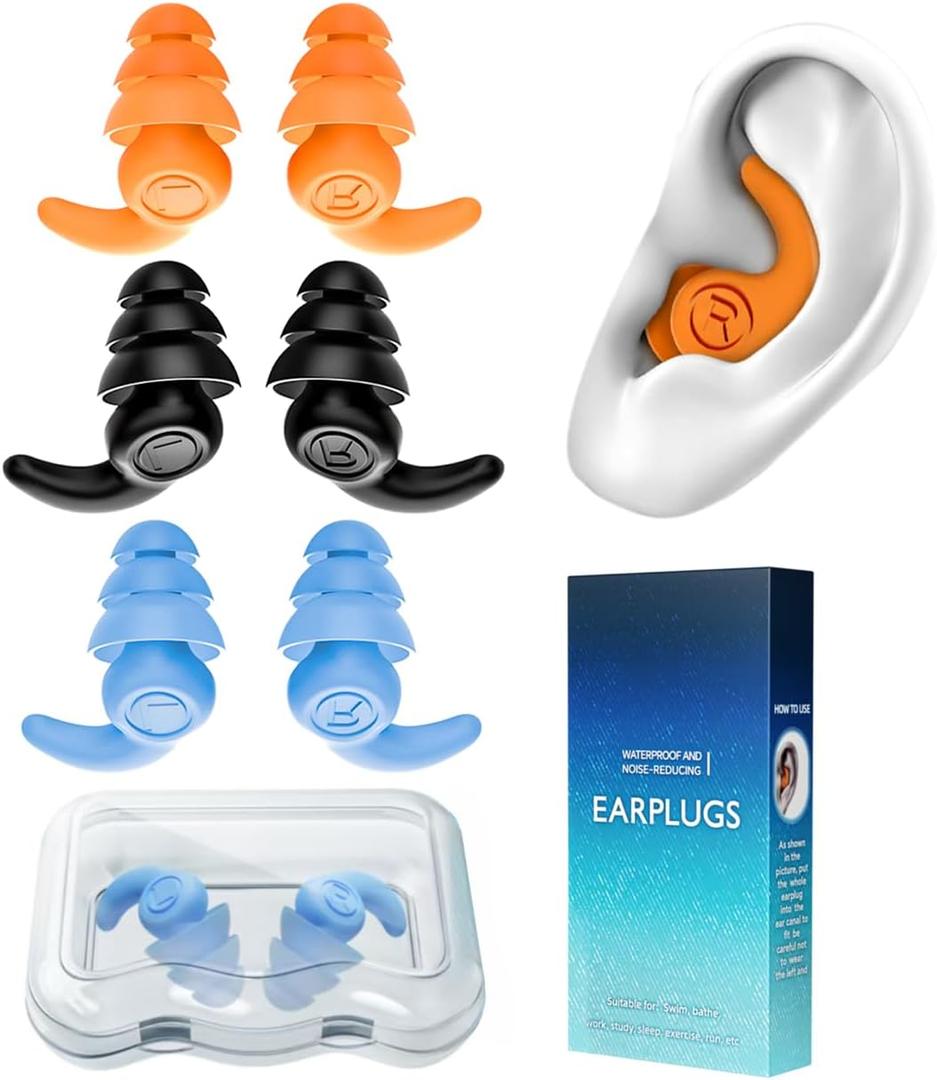 Waterproof Swimming Ear Plugs for Adults, 3 Pairs Reusable Silicone Swimmer Earplugs, Ear Protection for Showering Swimming Bathing Surfing and Other Water Sports