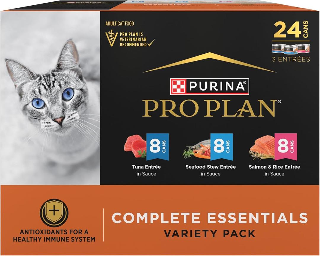 Purina Pro Plan High Protein Cat Food Complete Essentials Wet Cat Food Seafood Favorites Variety Pack 3 Ounce (Pack of 24) (EXP 04/01/28)
