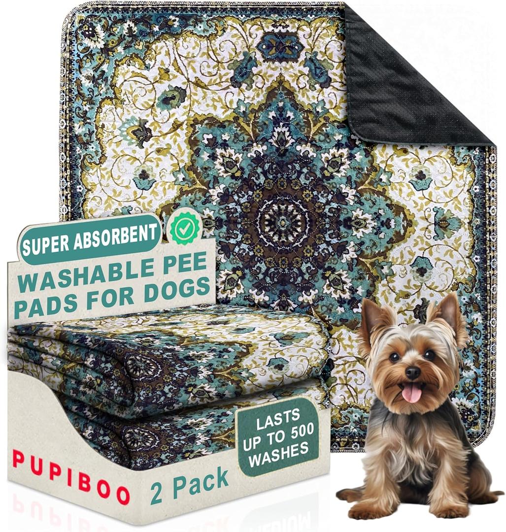 PUPIBOO Washable Pee Pads for Dogs and Cats - Super Absorbent Reusable Puppy Training Pads - 100% Waterproof, Leak-Proof & Non-Slip Whelping Pads for Pet Housebreaking (54 x 54 Inch (Pack of 2), Green Medallion)